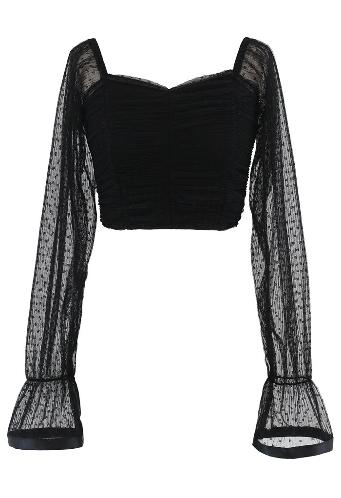 Ruched Dot Mesh Sweetheart Crop Top in Black