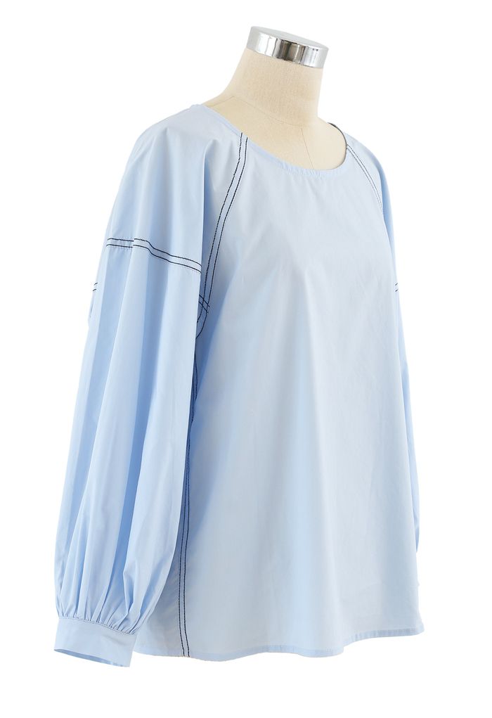 Contrast Line Puff Sleeves Loose Top in Blue