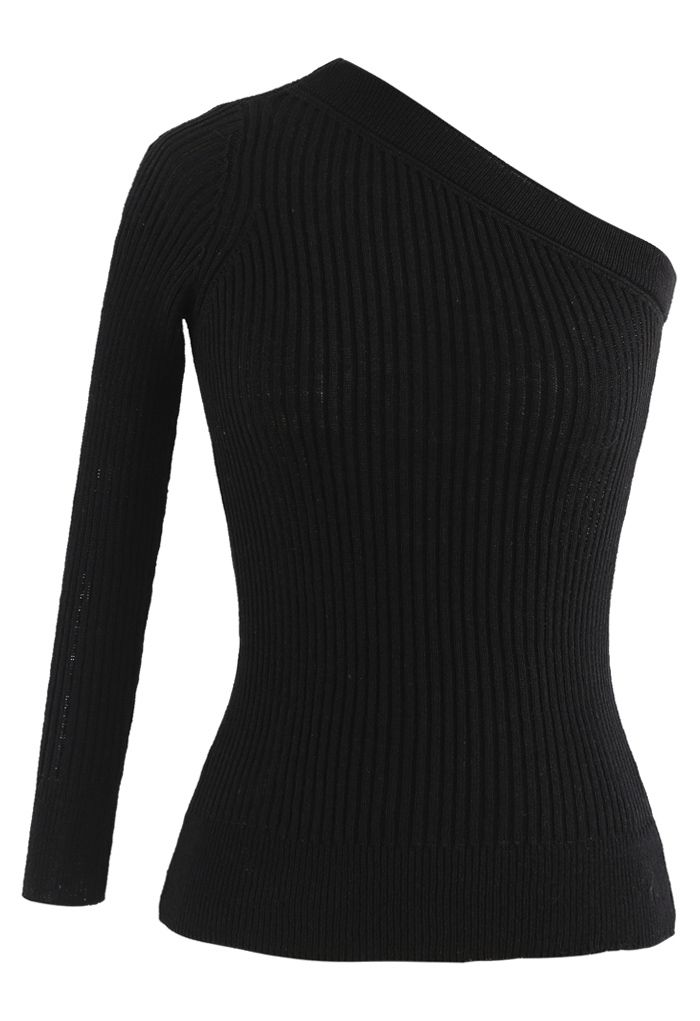 Fitted One Shoulder Ribbed Knit Top in Black