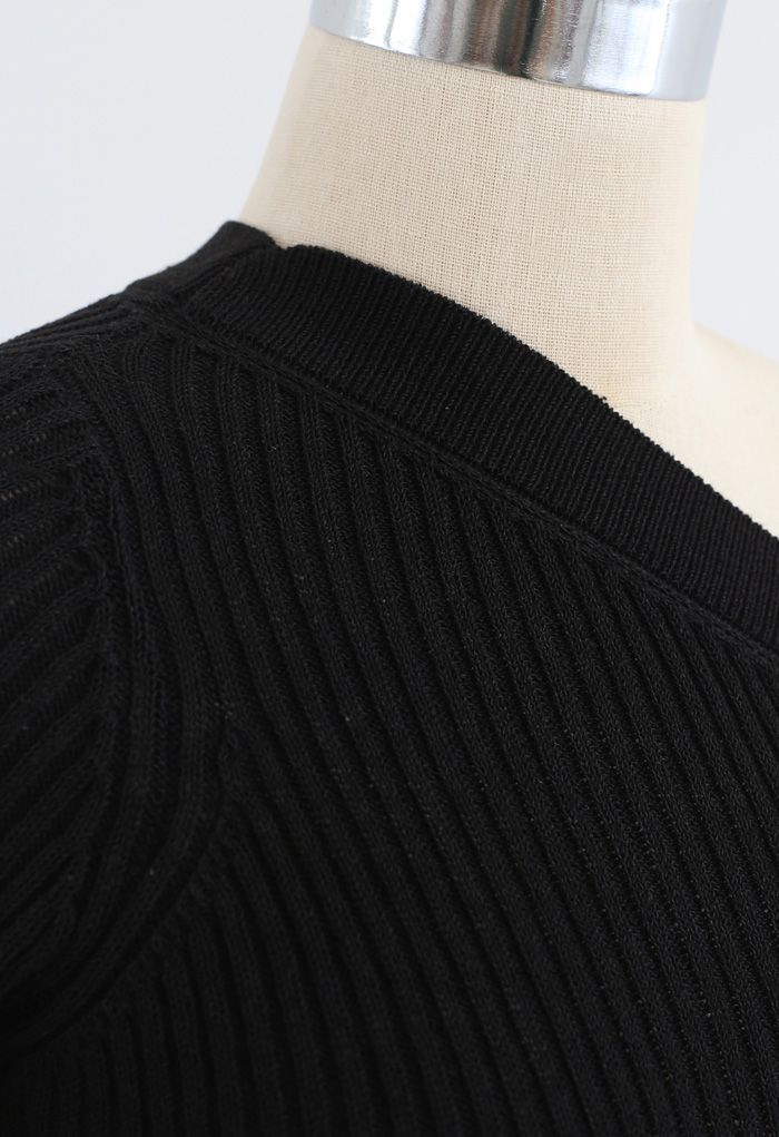 Fitted One Shoulder Ribbed Knit Top in Black