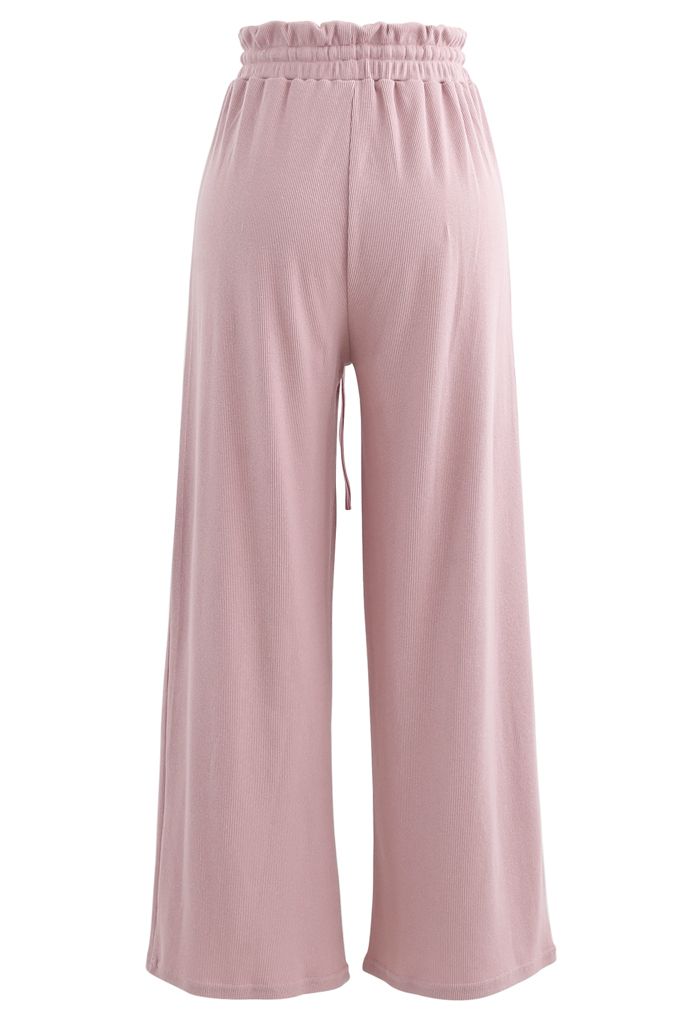 Pantalones de yoga acanalados con cintura de bolsa de papel con cordón en rosa