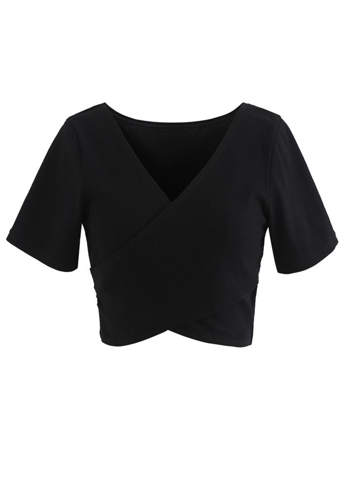 Crisscross Front Short Sleeves Ribbed Top in Black
