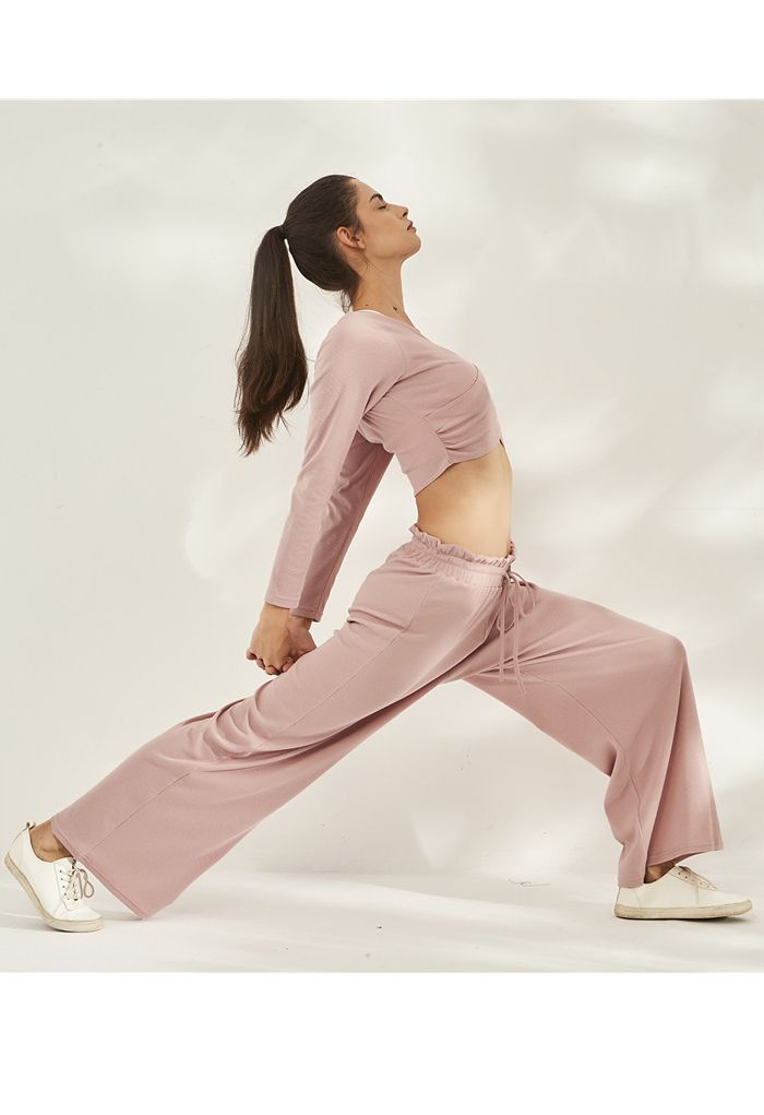 Pantalones de yoga acanalados con cintura de bolsa de papel con cordón en rosa