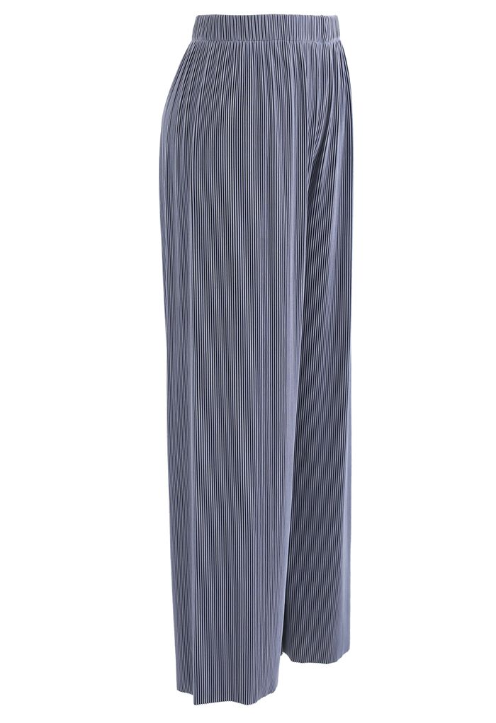 Contrasted High-Waisted Ribbed Pants in Dusty Blue