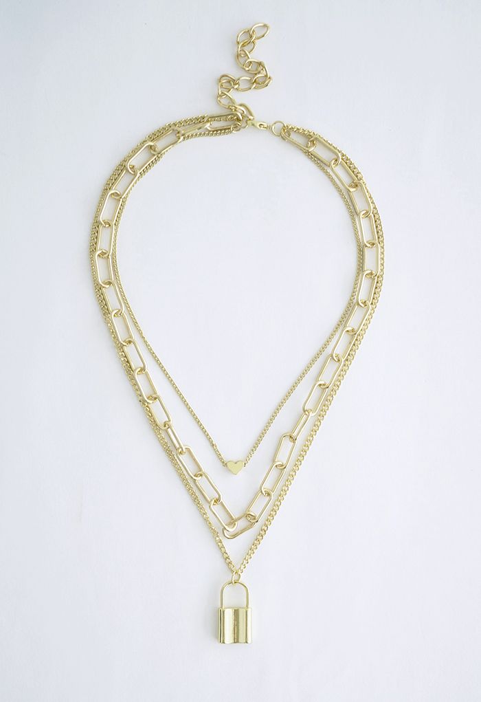 Lock Chain Pendant Layered Necklace in Gold