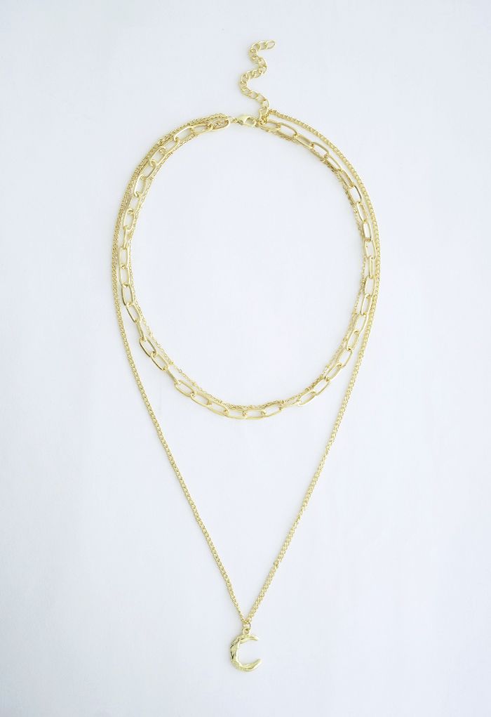 Gold Moon Chain Pendant Layered Necklace