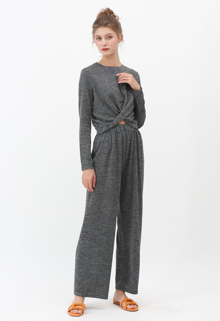 Twist Crop Knit Top and High-Waisted Pants Set in Smoke