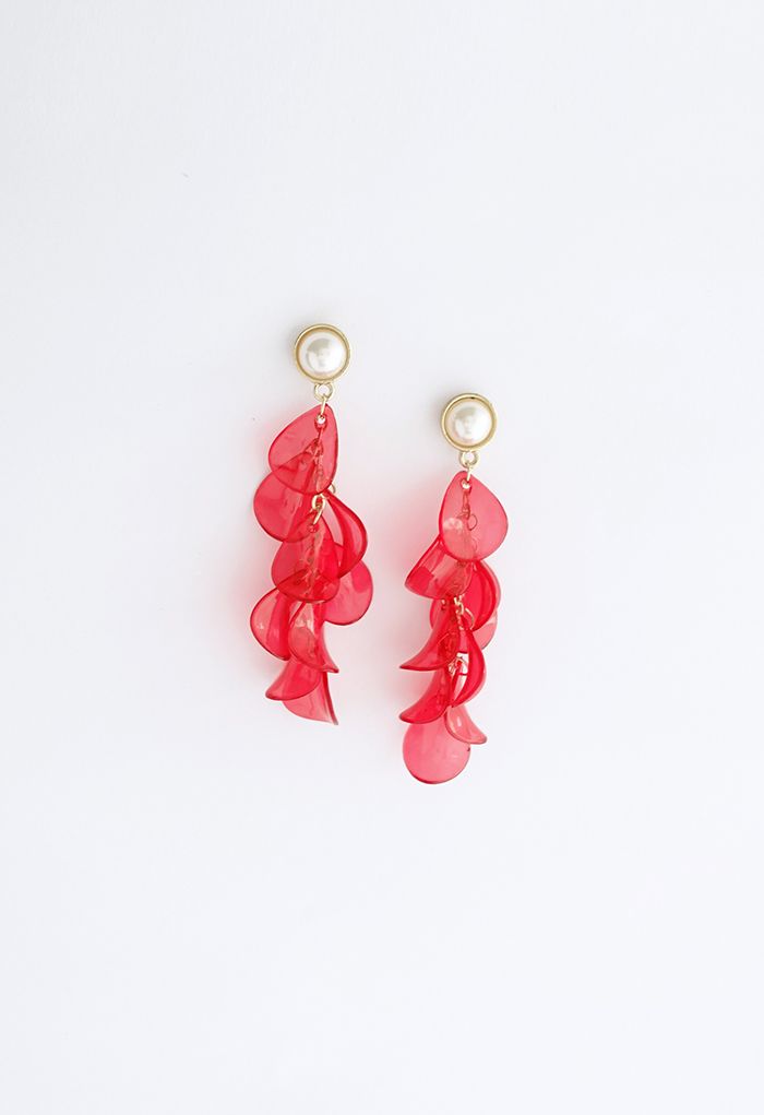 Pearl with Plastic Petal Drop Earrings in Red