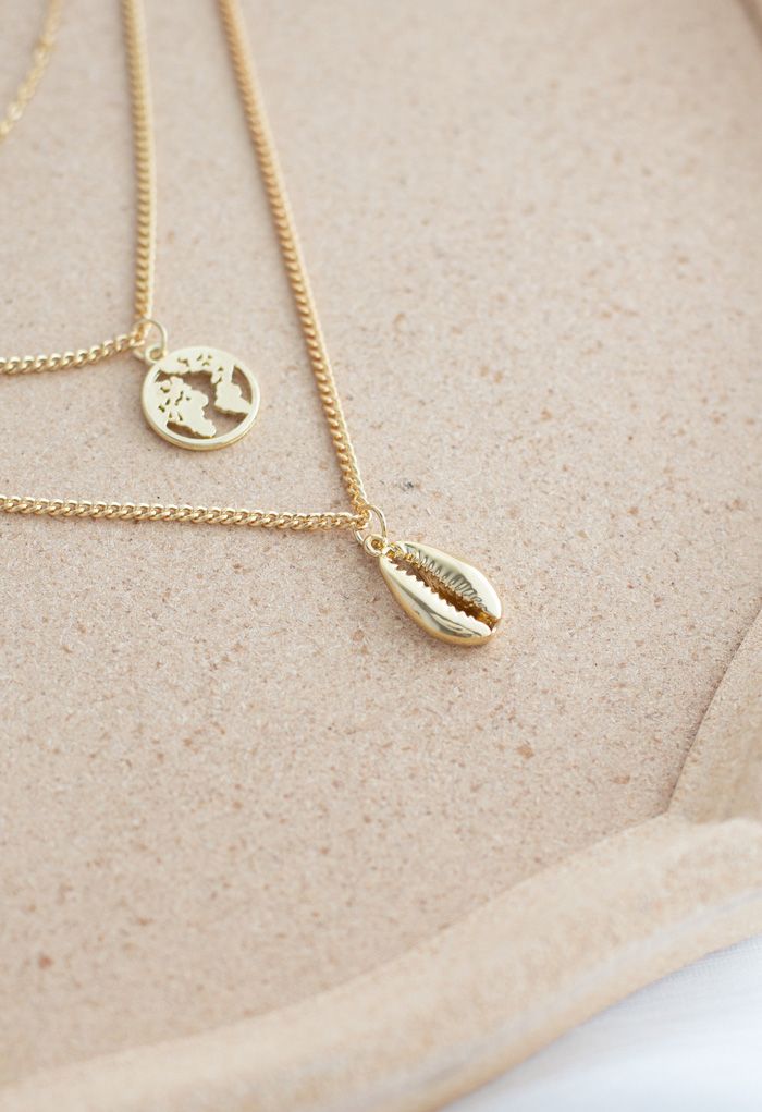 Triple-Layered Gold Map and Shell Necklace