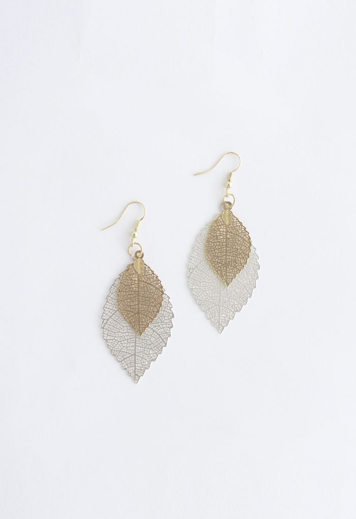 Boho Double Leaf Earrings in Silver