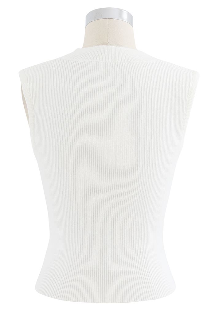 Square Neck Sleeveless Ribbed Knit Top in White