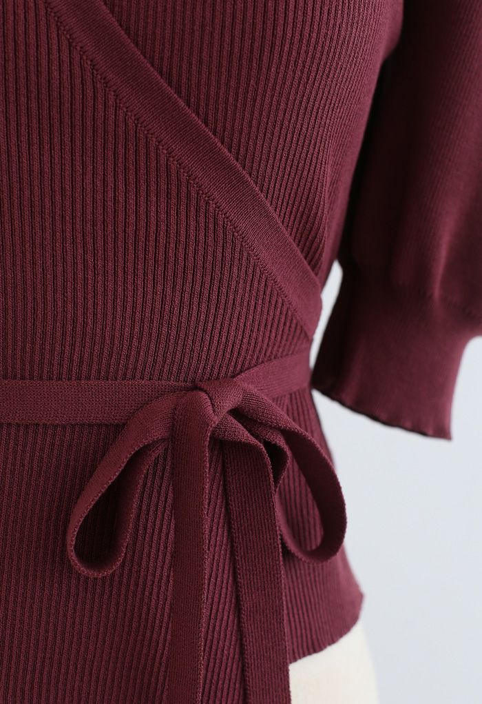 Bubble-Sleeve Wrapped Ribbed Knit Top in Wine