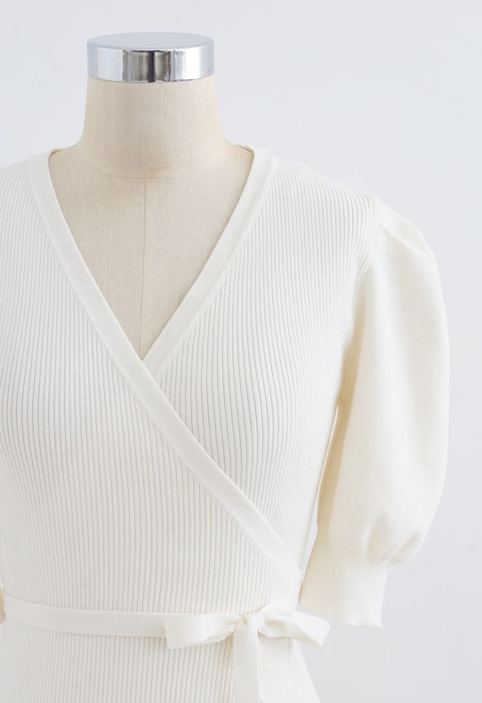 Bubble-Sleeve Wrapped Ribbed Knit Top in White