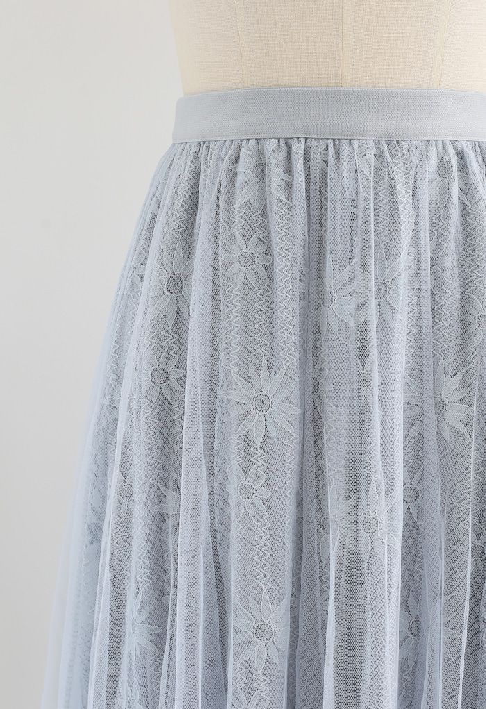 Sunflower Lace Mesh Tulle Midi Skirt in Dusty Blue