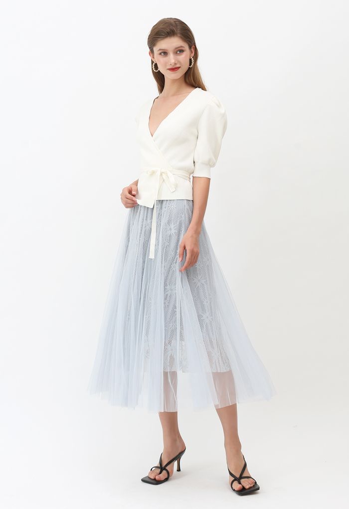 Sunflower Lace Mesh Tulle Midi Skirt in Dusty Blue