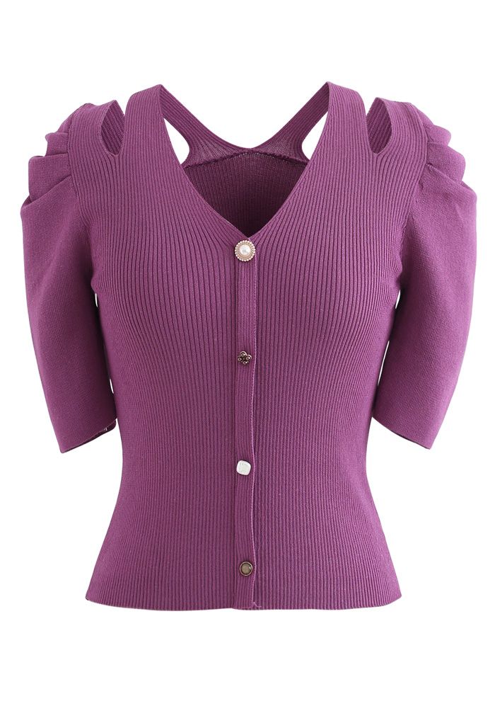 Cutout Shoulder Button Down Fitted Knit Top in Violet