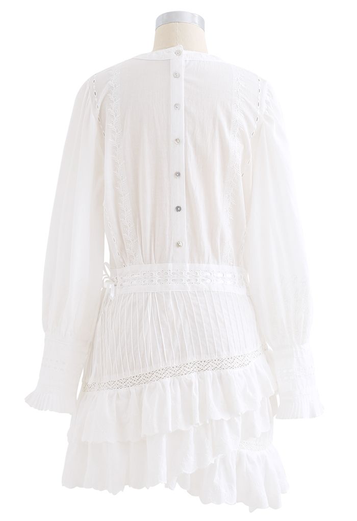 Buttoned Back Embroidered Eyelet Tiered Dress