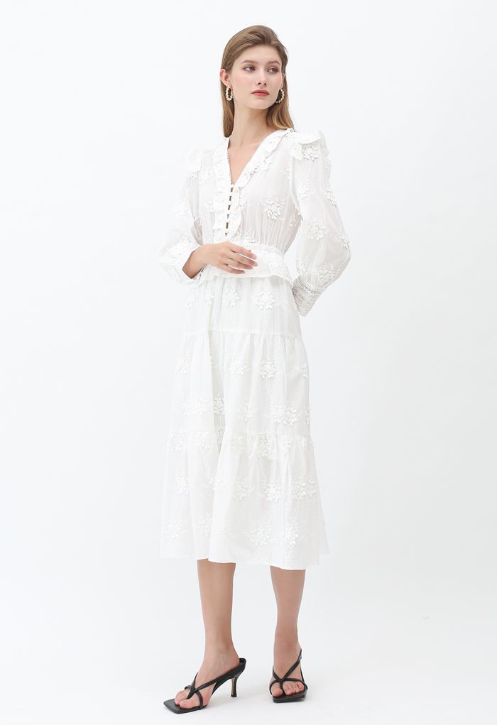 3D Bouquet Embroidered Button Down Midi Dress