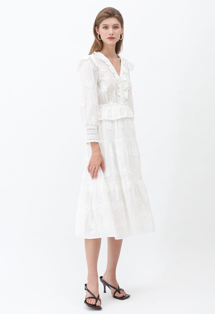 3D Bouquet Embroidered Button Down Midi Dress