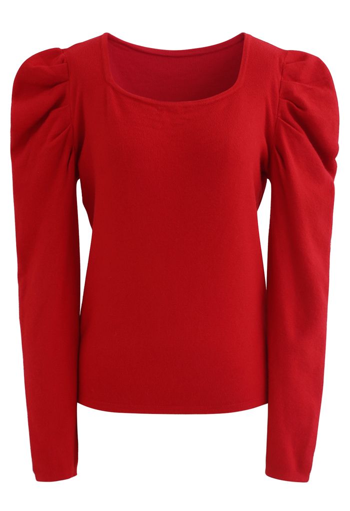 Square Neck Bubble Sleeves Knit Top in Red