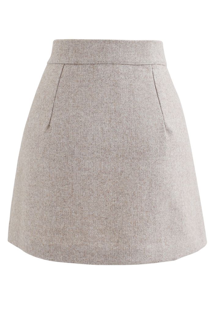Minifalda de mezcla de lana con solapa de botones en tostado claro
