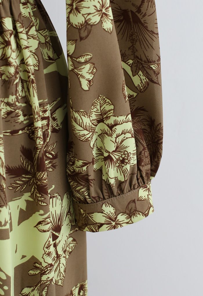 Floral Land Wrap Ruffle Maxi Dress in Tan