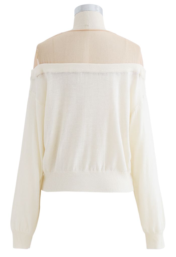 Mesh Shoulder Drape Neck Knit Sweater in Cream