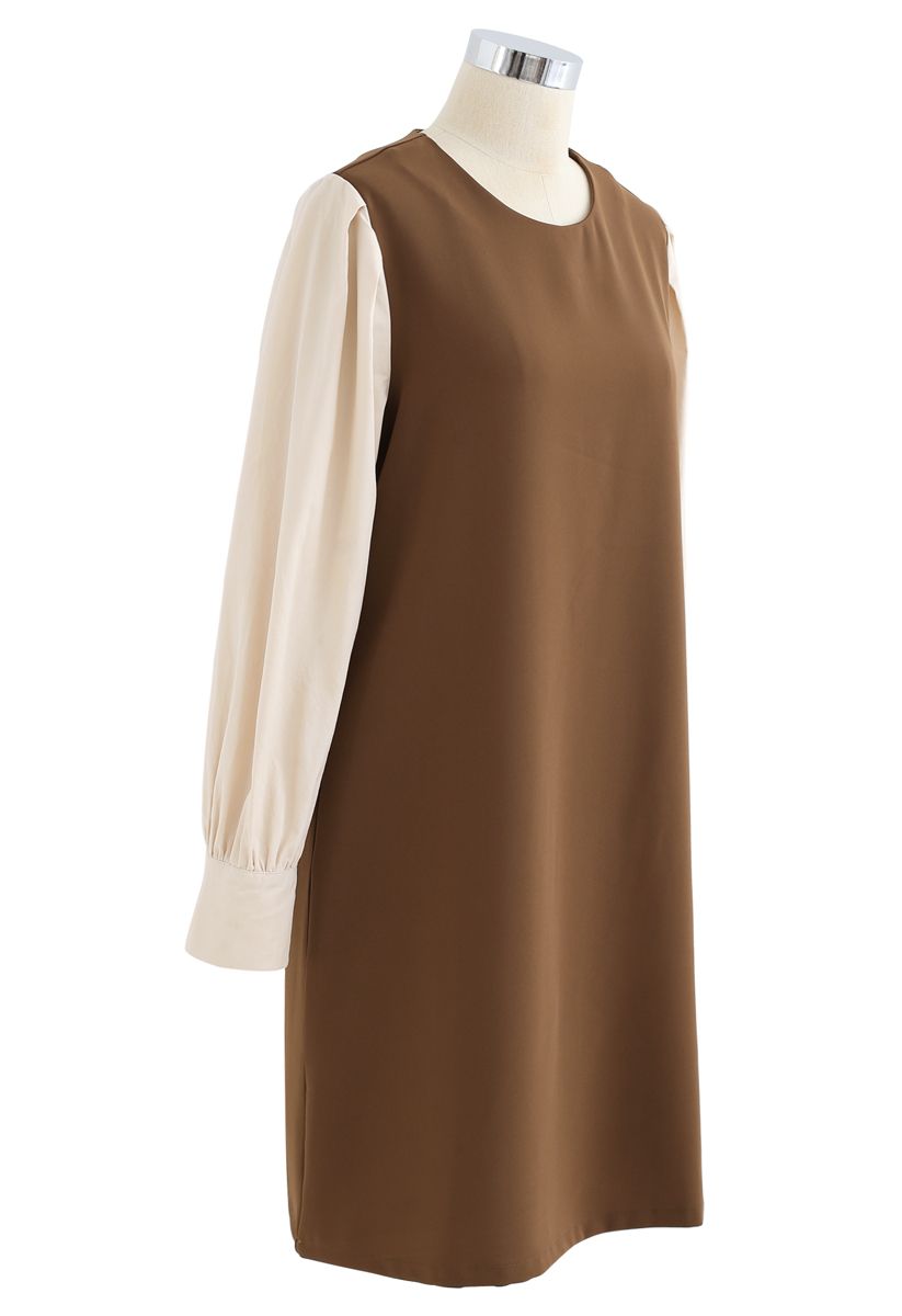 Bicolor Round Neck Midi Shift Dress in Brown