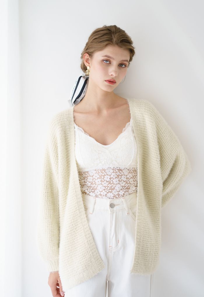 Fuzzy Open Front Waffle Knit Cardigan in Cream