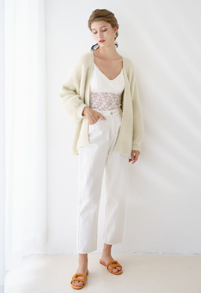Fuzzy Open Front Waffle Knit Cardigan in Cream