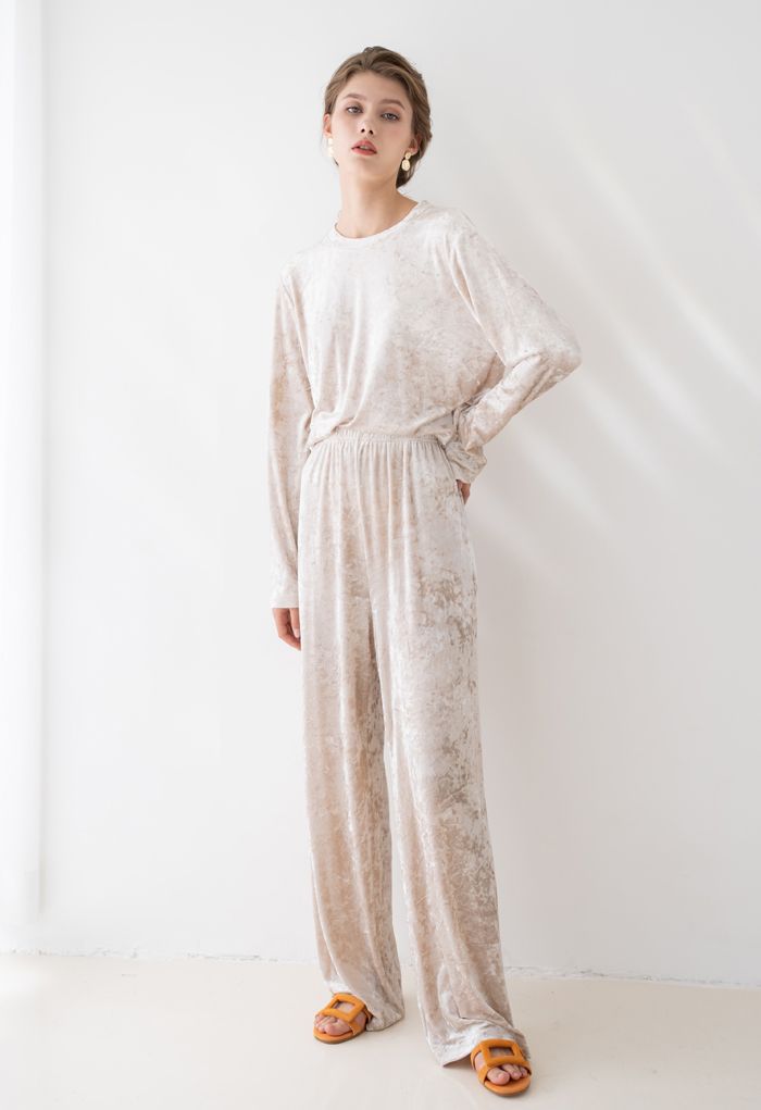 Shiny Velvet Long Sleeves Top and Pants Set in Ivory