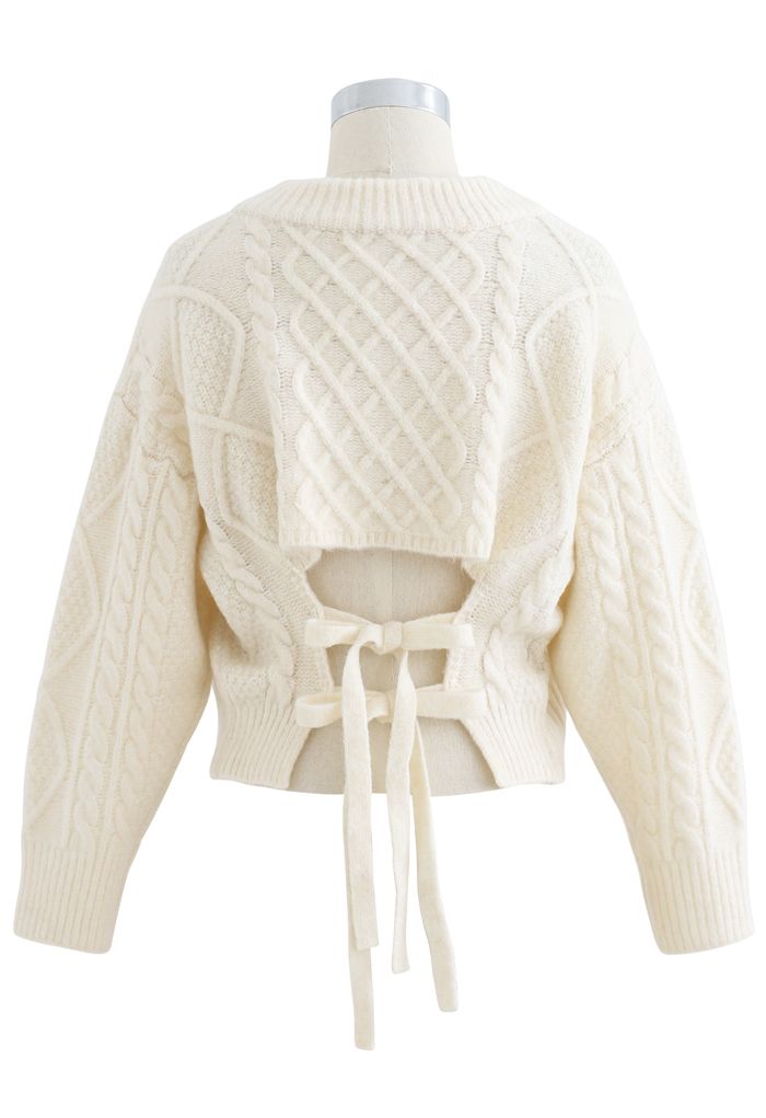 Tie-Back Cable Knit V-Neck Crop Sweater in Cream