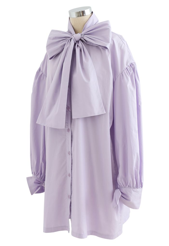 Bowknot Button Down Tunic Shirt Dress in Purple