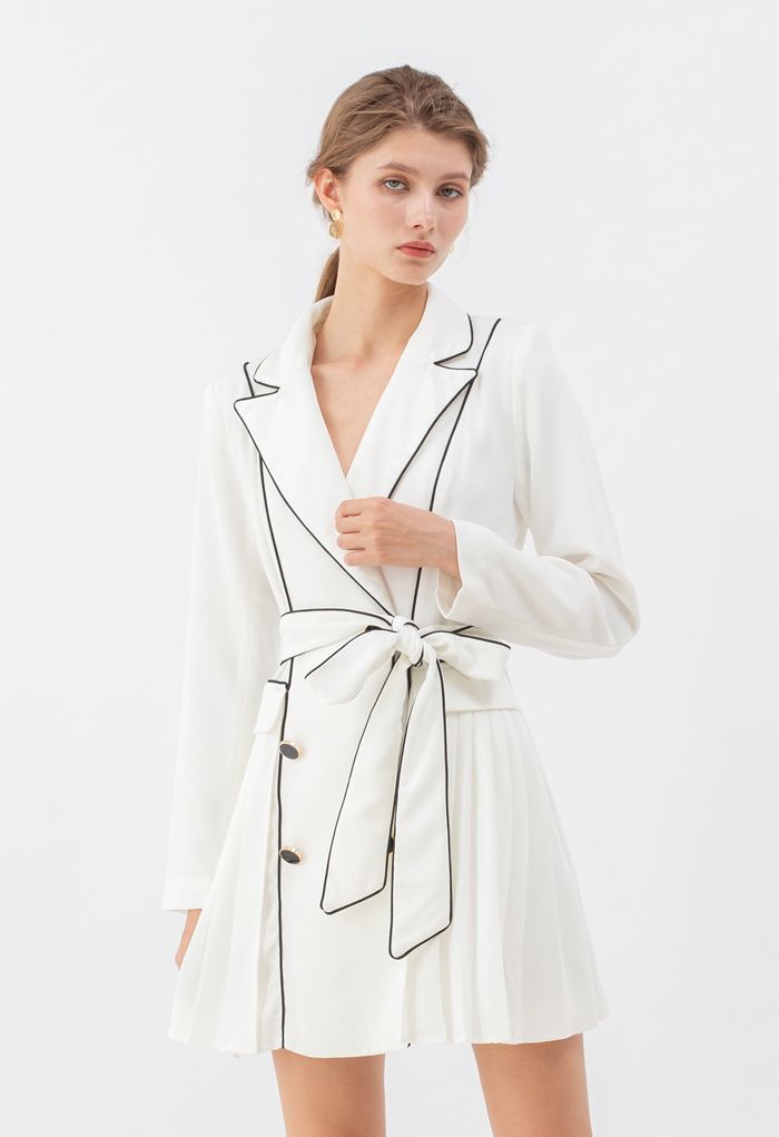 Piped Double-Breasted Pleated Blazer Dress in White