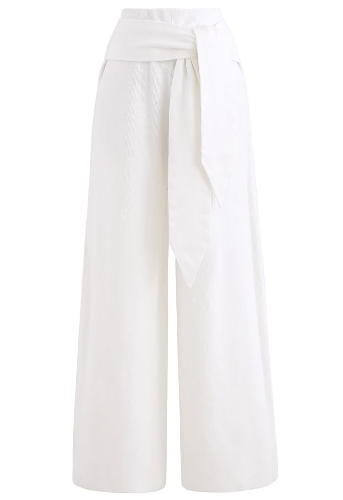 Self-Tie Waist Knit Wide-Leg Pants in White