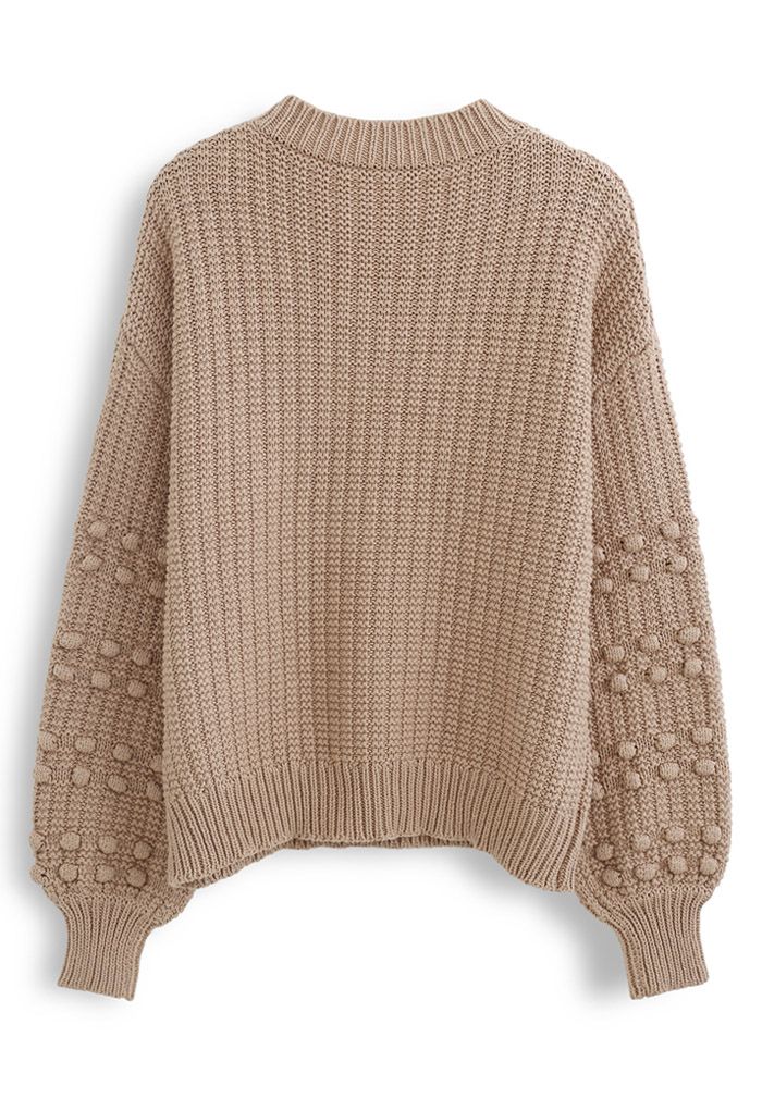 Bubble-Sleeve with Pom-Pom Detail Sweater in Tan