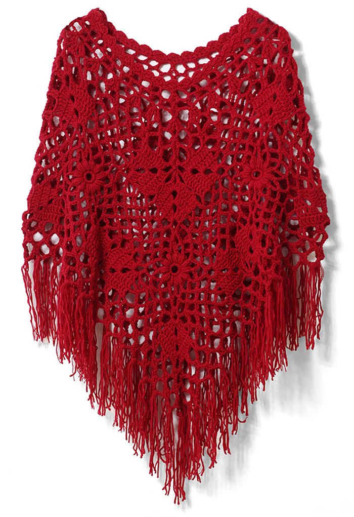 Delicate Hand-knit Fringe Cape in Red 