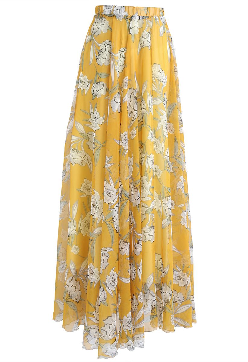 Falda larga de gasa de temporada de flores en amarillo