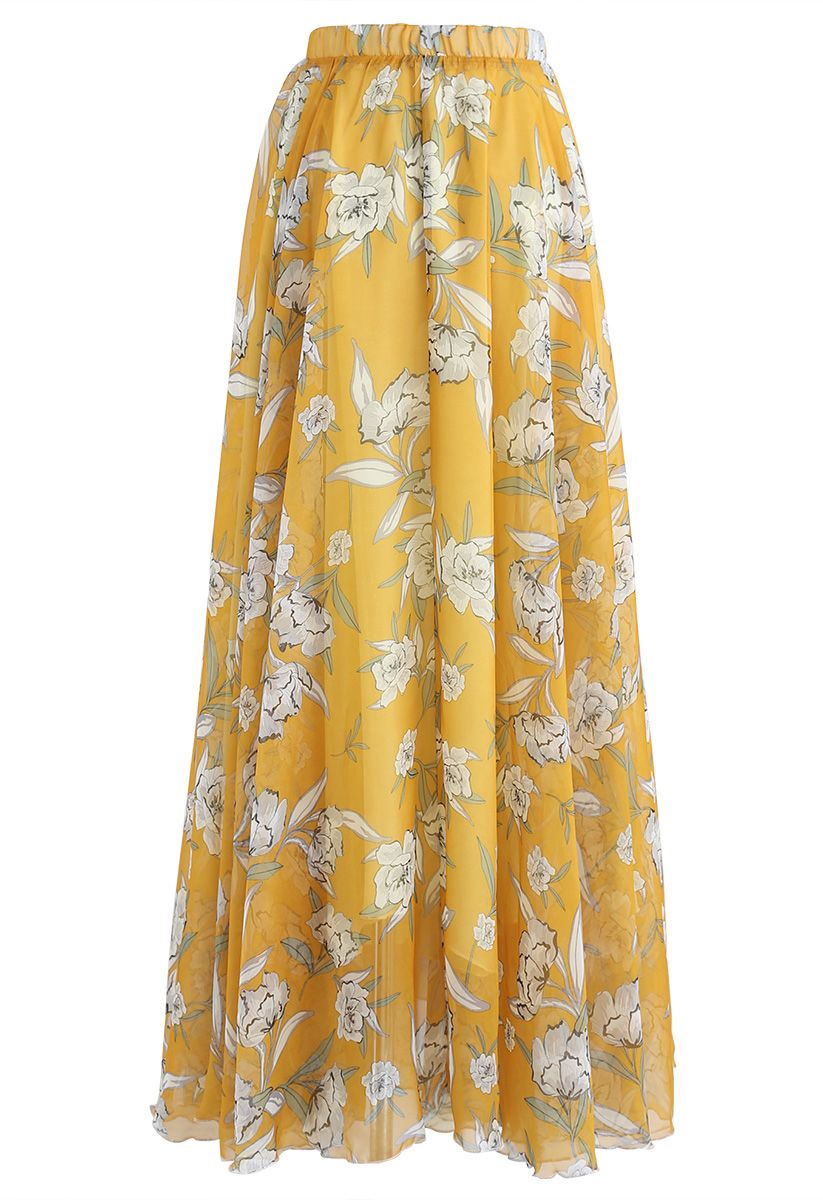 Falda larga de gasa de temporada de flores en amarillo