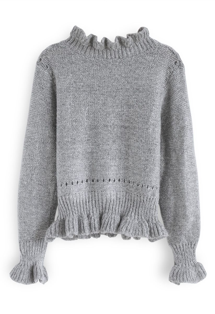 Knit a Chance V-Neck Frilling Sweater in Grey