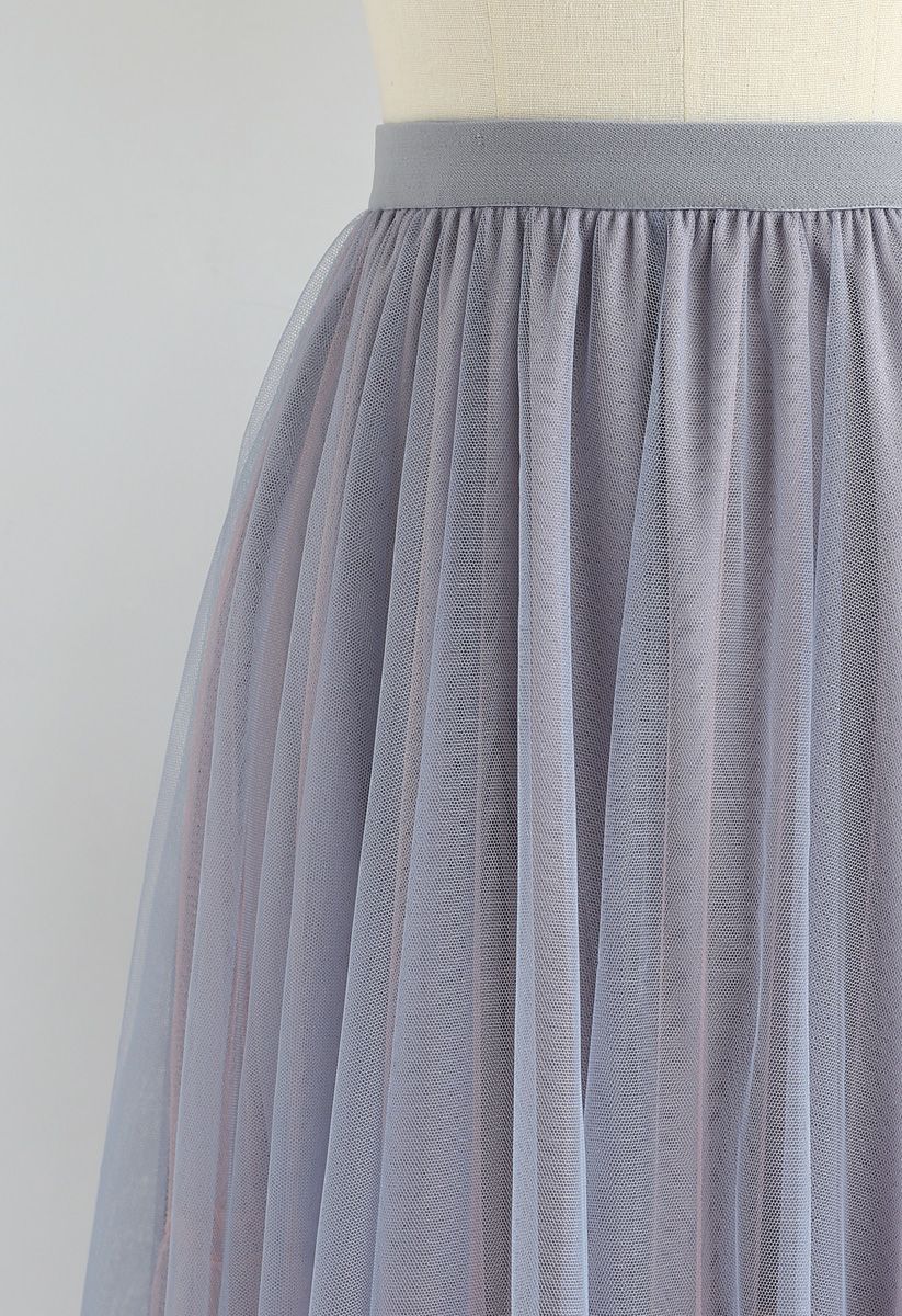 Admired Posture Mesh Tulle Midi Skirt in Grey