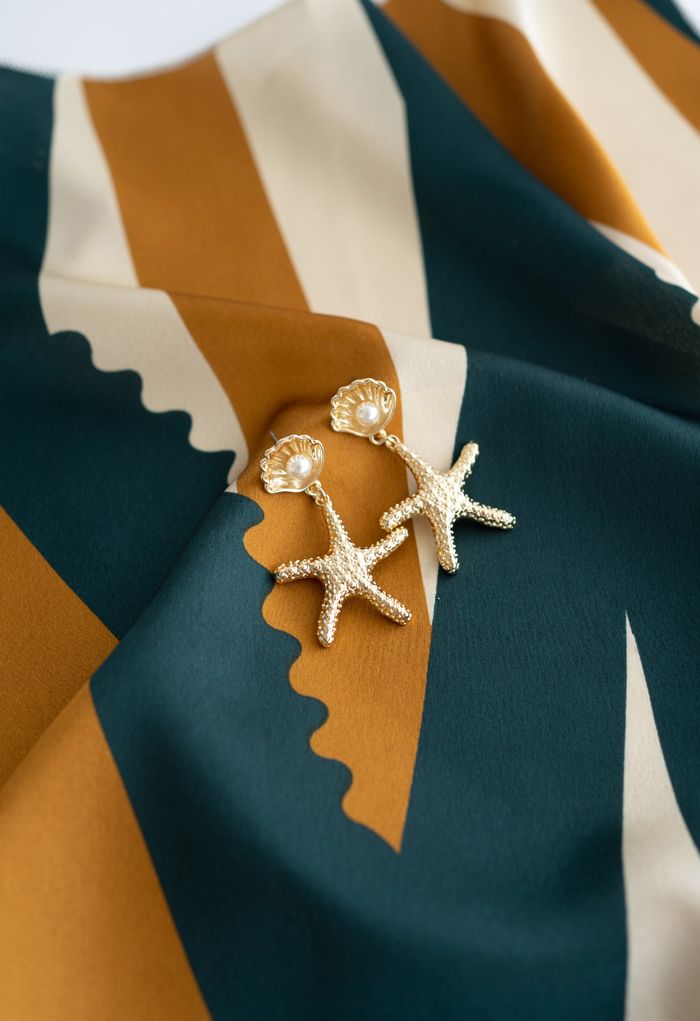 Gold Starfish Shell Pearl Drop Earrings