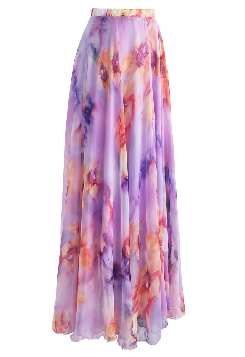 Blooming Flowers Watercolor Maxi Skirt in Lilac