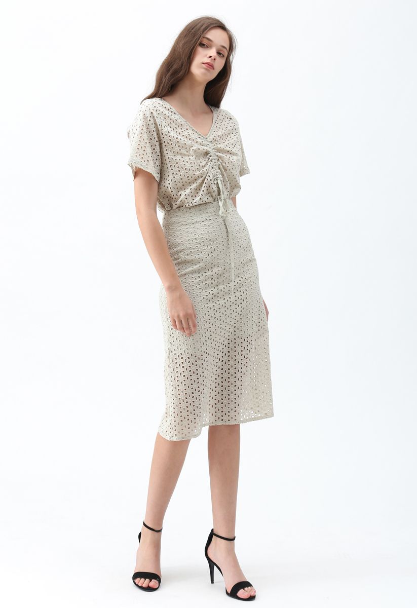 Starry Night Embroidered Eyelet Top and Skirt Set in Pea Green