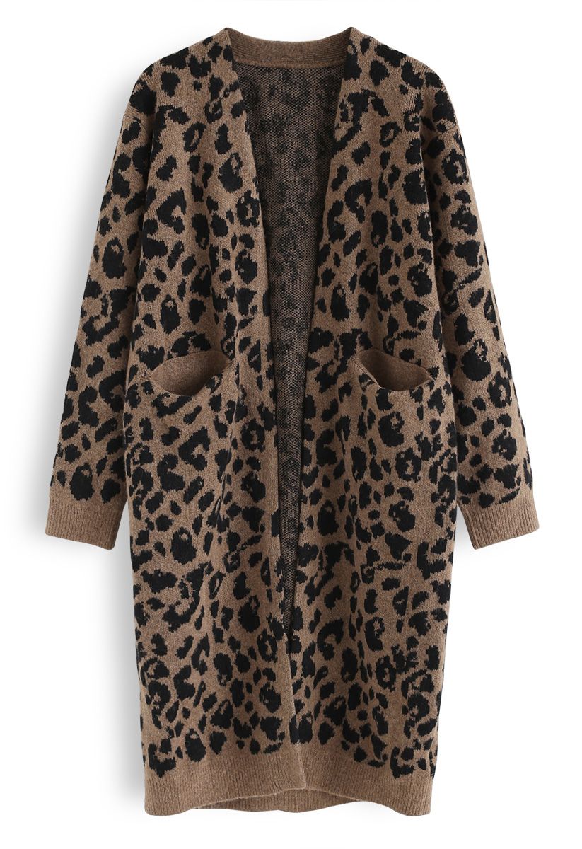 Leopard Pockets Longline Cardigan in Brown