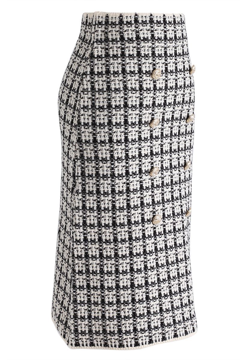 Buttons Decorated Grid Pencil Midi Skirt in Black