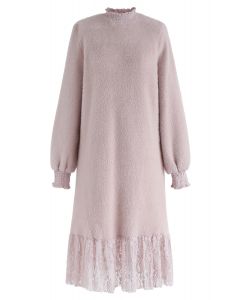 Vestido recto de punto esponjoso con dobladillo de encaje en rosa