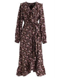 VESTIDO ENVOLVENTE CON VOLANTES FLORES Y LAZO EN MARRÓN