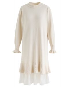 Vestido recto de punto con dobladillo con volantes de Organdí en color crema