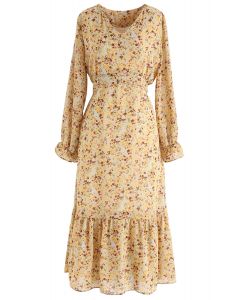 Vestido de gasa con volantes y cuello en V Floret en amarillo